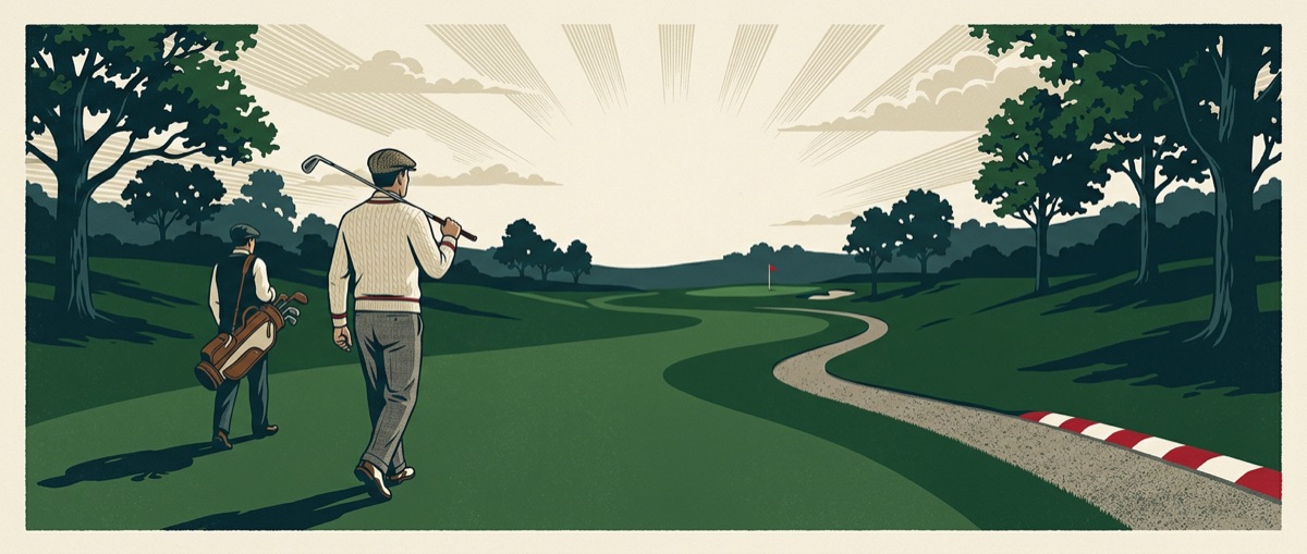 Illustratie van Turn9Tee: twee golfers op een fairway met rood-witte racecurbs